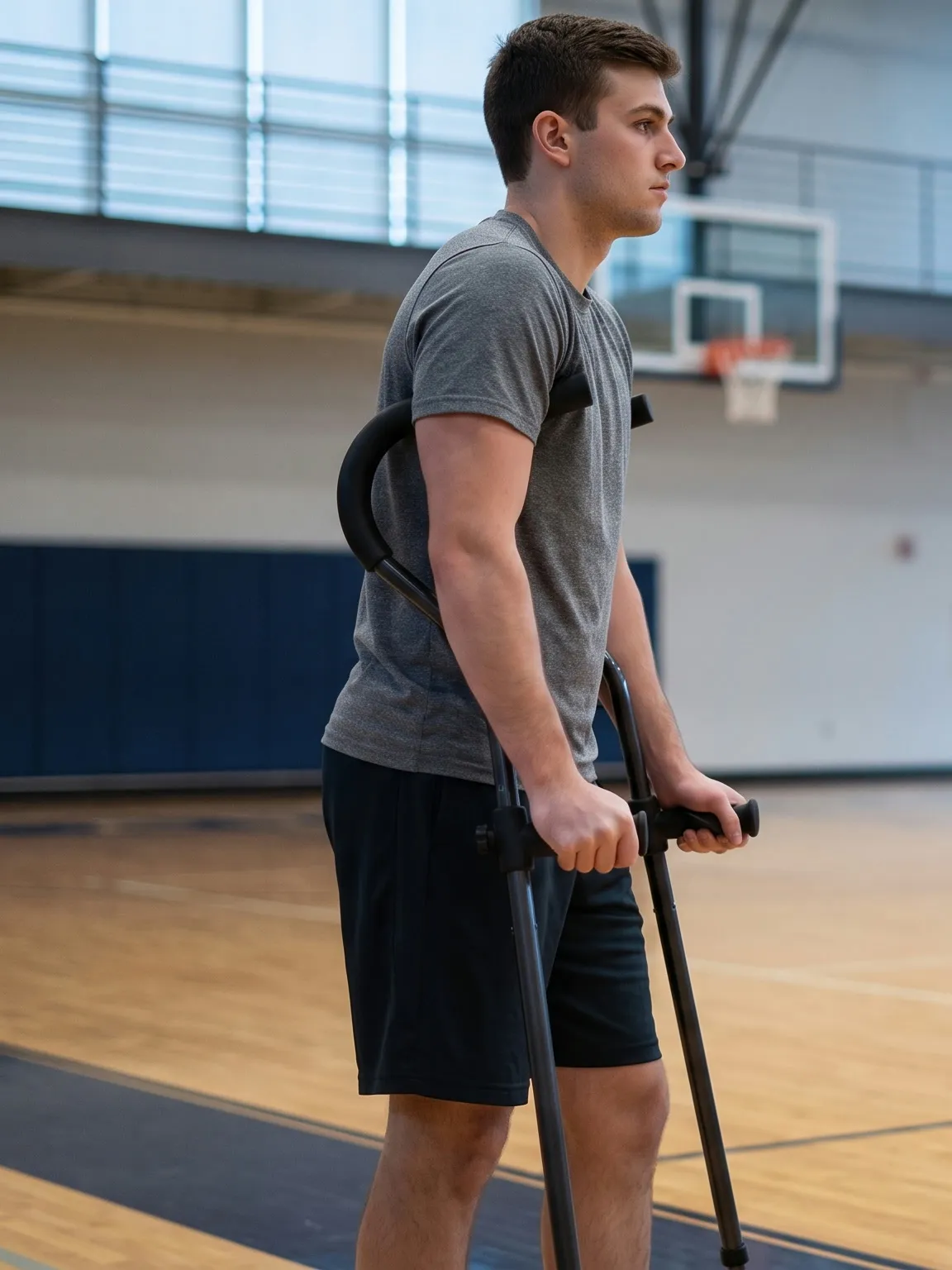 A young athlete standing on an indoor basketball court using a pair of In-Motion Youth underarm crutches