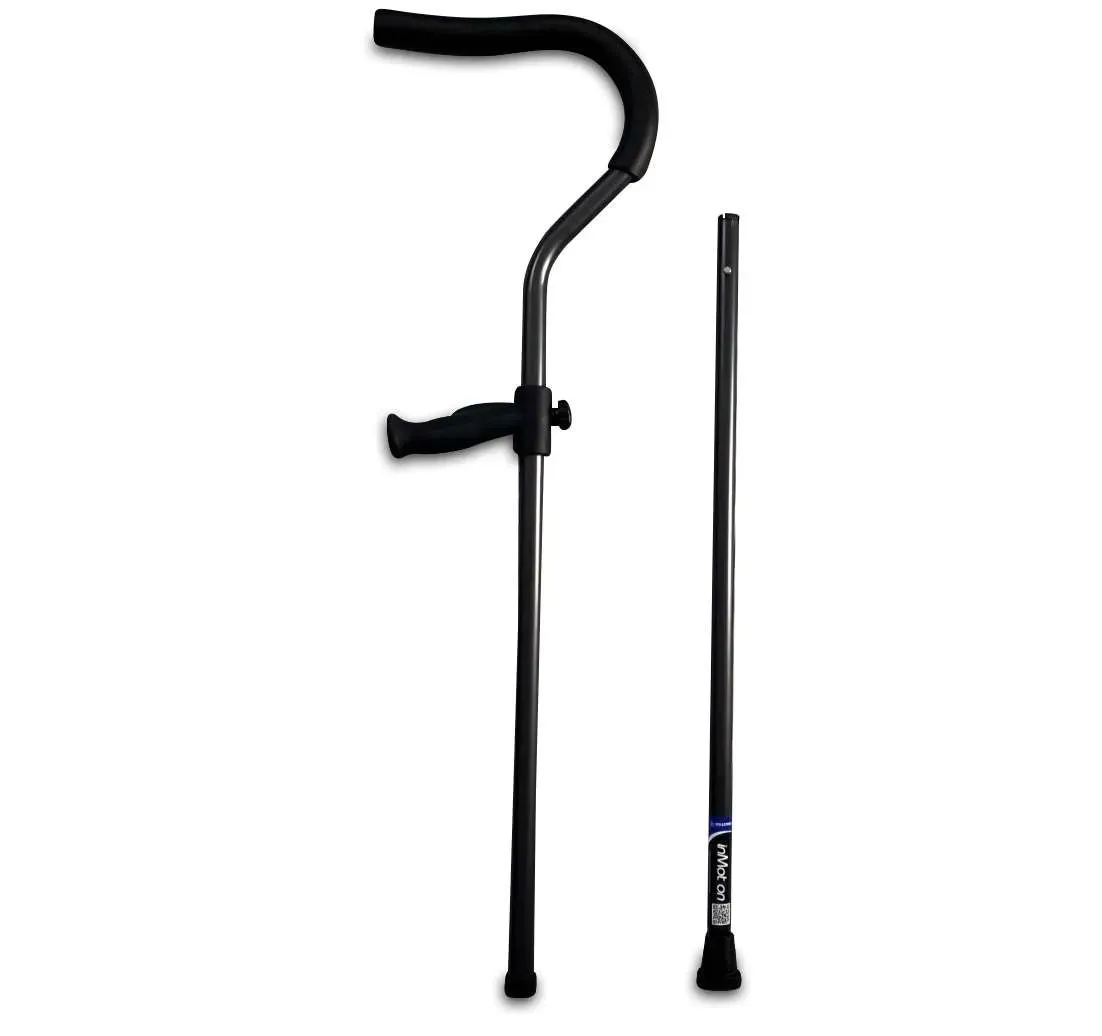 The In-Motion Youth Crutch separated into two pieces: the upper section with its foam cradle and contoured handle, and the lower telescoping post with its rubber tip
