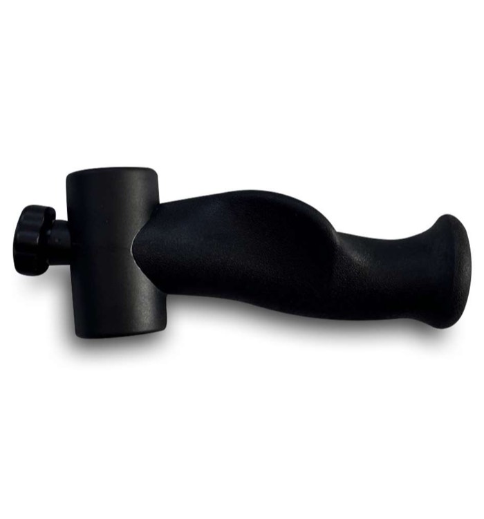 Close-up of the contoured ergonomic handgrip and its adjustment collar