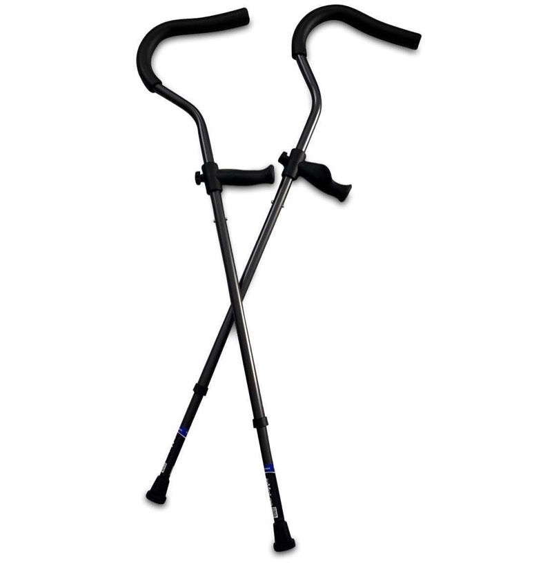 A pair of In-Motion Youth underarm crutches crossed in front of a white background