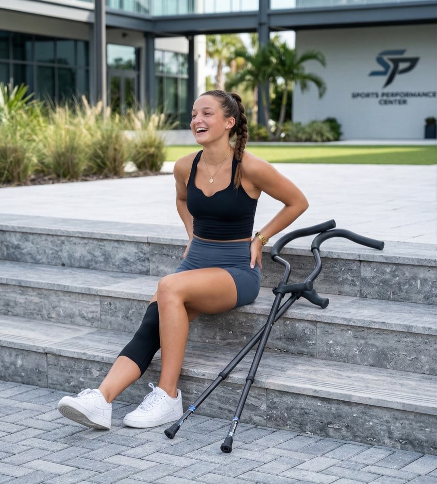 Woman resting on outdoor steps with her In-Motion Youth crutches beside her
